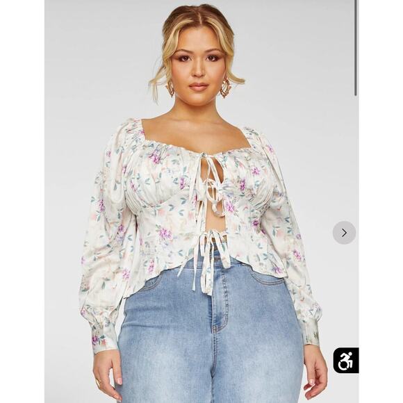 Floral Print Tie Front Blouse with Long Sleeves, Ivory 2X - Picture 1 of 8